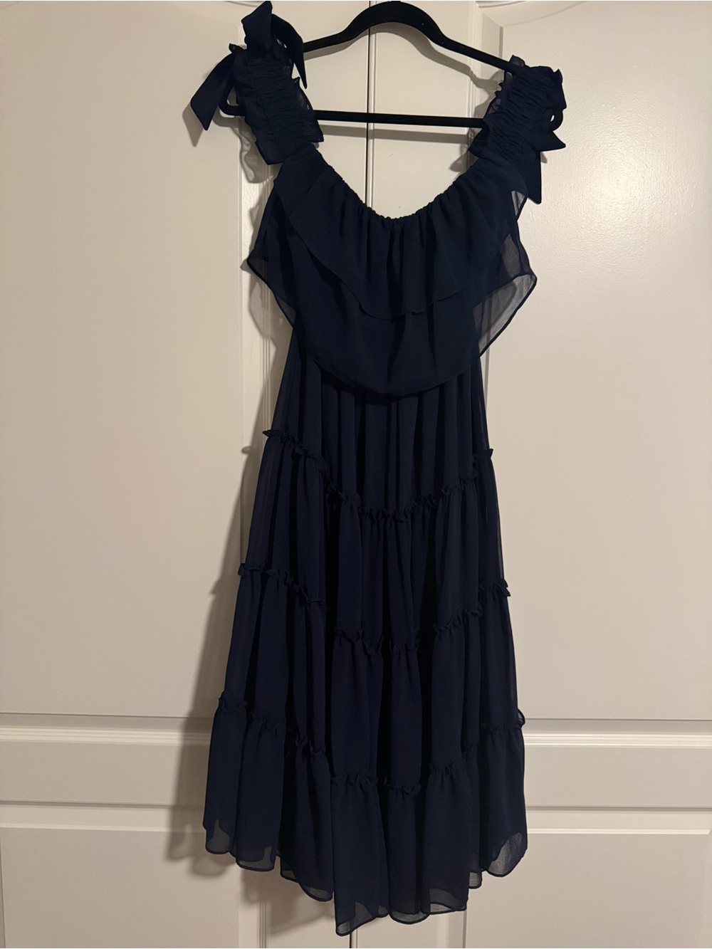 Misa Los Angeles Navy Blue Tiered Midi Dress with Shoulder Tie Straps
